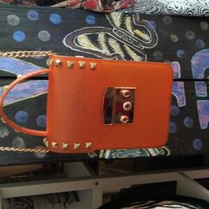 Le Miel Orange Silicone Crossbody Purse with long Gold Chain studded bag